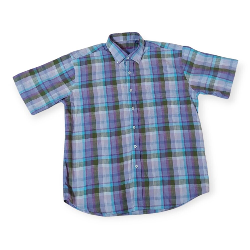 Alan Flusser Mens Shirt Purple Multicolor Button Down Short Sleeve 100% Cotton L